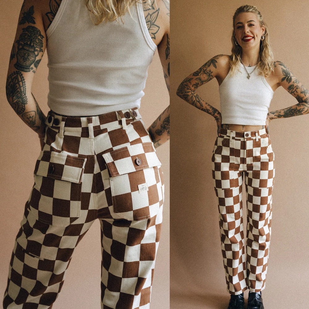Checkered Brown and White Women's Trousers
